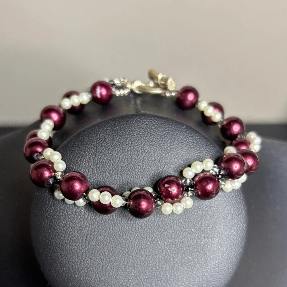 Elegant Faux Pearl and Burgundy Beaded Bracelet Silver Tone
